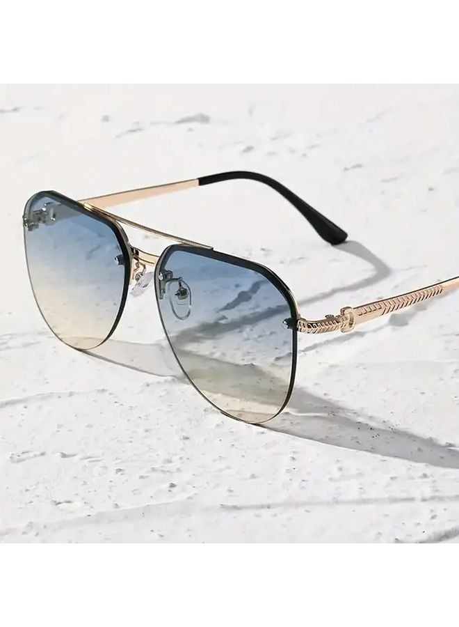 Golden Blue Yellow Double Beam Half Frame Pilot Sunglasses Vintage Style - Image 2